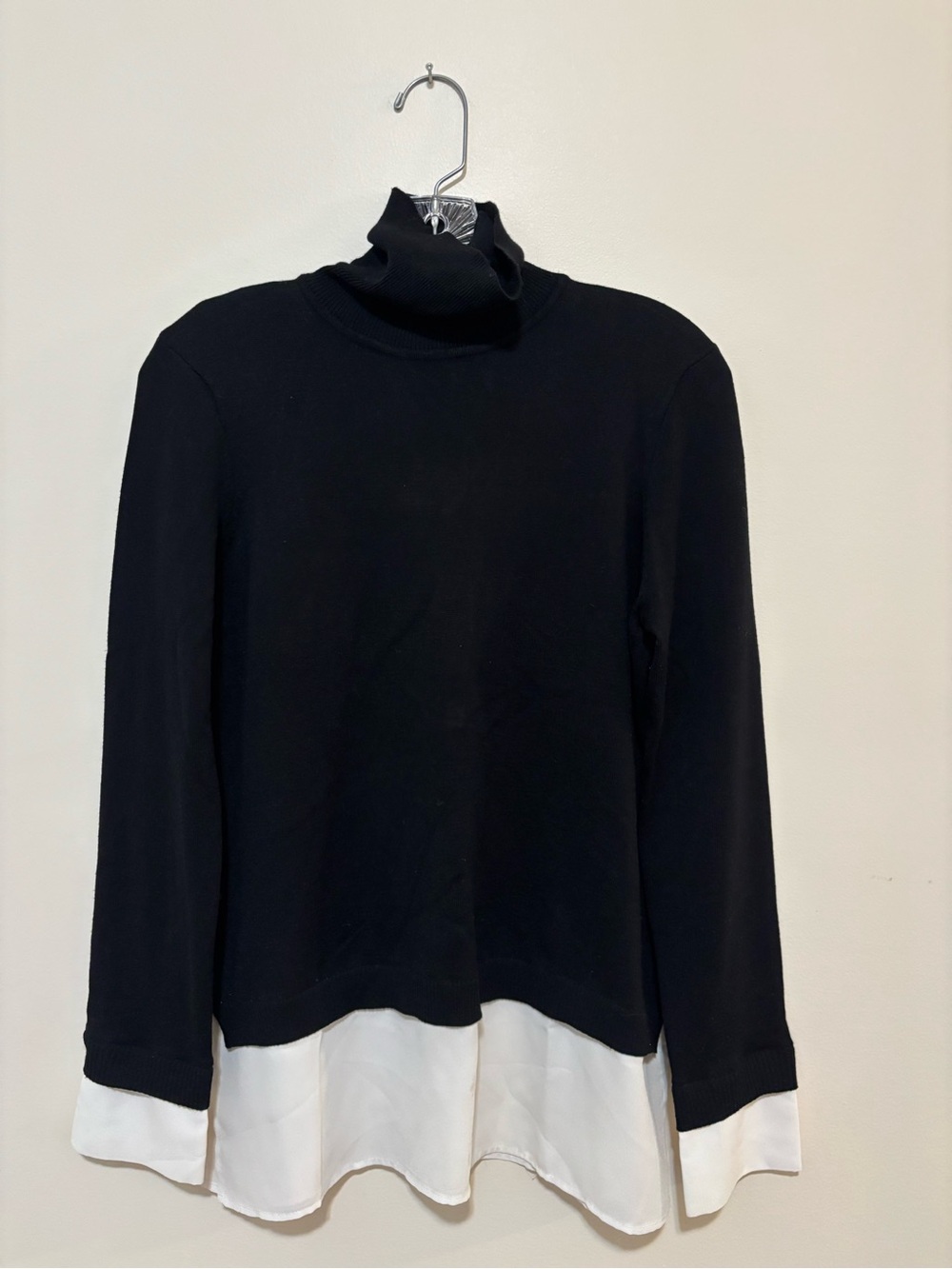 Adrianna Papell Black Turtleneck Sweater with White Shirt Hem - Picture 2 of 7